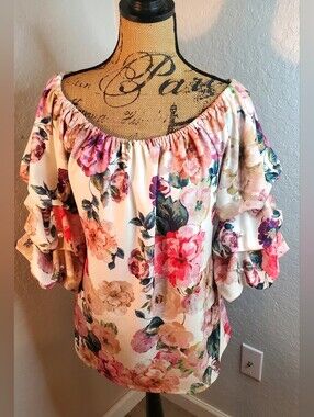 S Levine Cream Floral Off-Shoulder Ruffle Sleeve Top